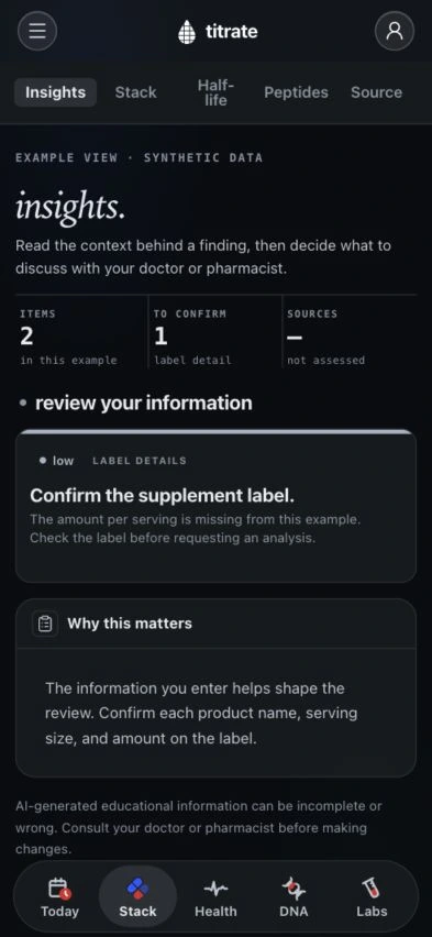 A titrate review detail in a synthetic account, asking the user to confirm missing label information