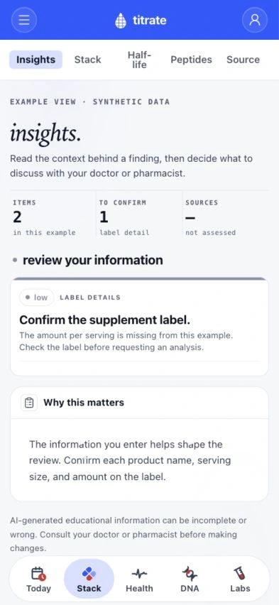 A titrate review detail in a synthetic account, asking the user to confirm missing label information