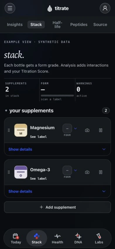 titrate stack overview showing a synthetic account’s supplements and their label details
